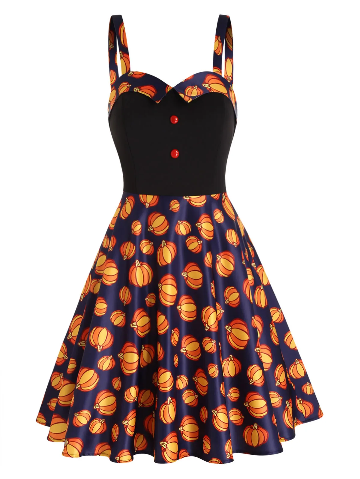 

Dressfo Halloween Dress Pumpkin Print Mock Button Foldover High Waisted A Line Mini Gothic Dresses