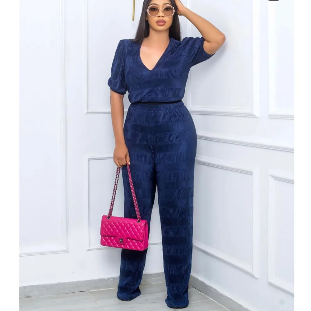 

Повседневный однотонный брючный комплект с V-образным вырезом и коротким рукавом, повседневный Универсальный комплект из двух предметов