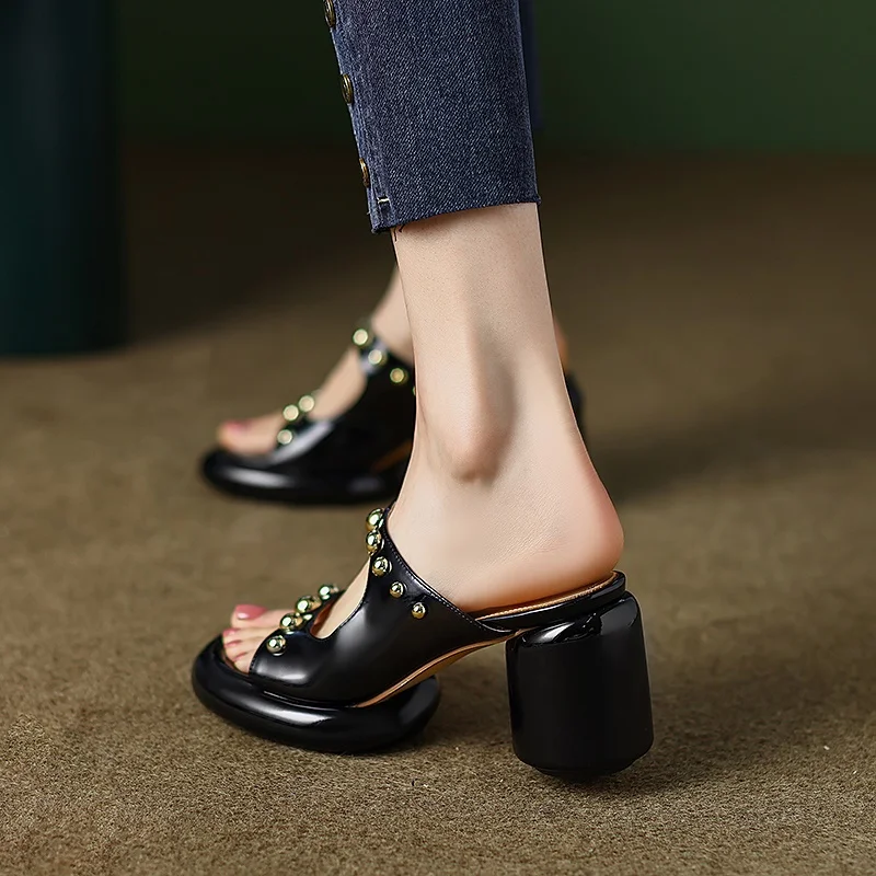 big size sandals women slipper 2023 punk rivets round high heel summer platform shoes women real leather open-toe rome sandalias