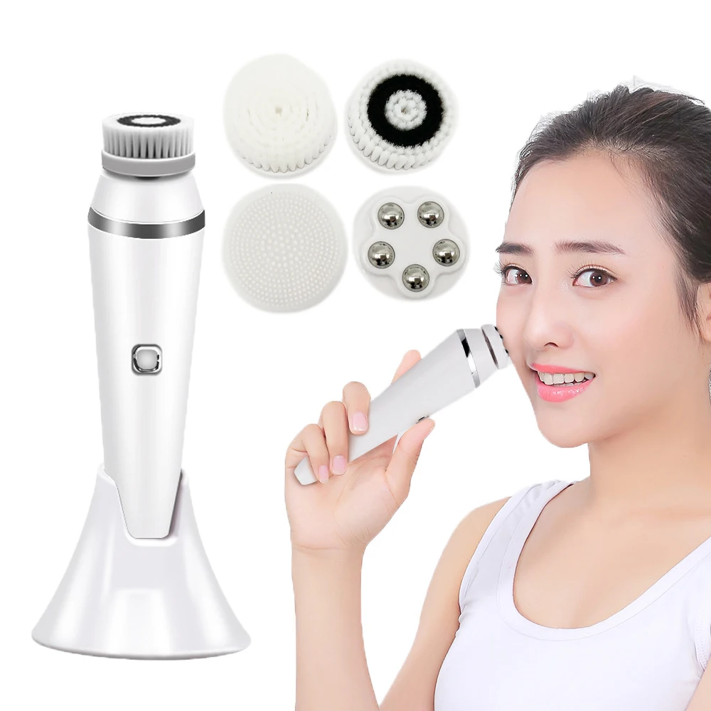 

4 in 1 Electric Facial Cleansing Brushes Silicone Rechargeable Sonic Face Roller Massager Blackhead Remover Pore Cleaner Machine