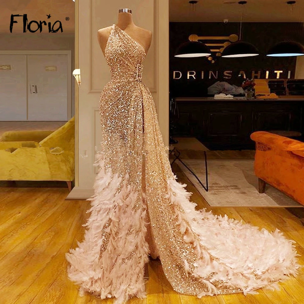 

Floria Gold One Shoulder Split Side Feather Evening Party Dress Dubai Luxury Mermaid Formal Gowns for Wedding Vestido De Novia