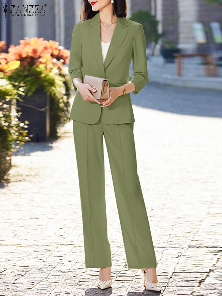 ZANZEA Блейзер с рукавами 3/4 брюки эластичной резинкой на талии комплекты из 2