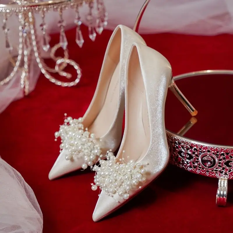 

2022new French-Style Bride Bridesmaid Shoes White Pearl Stiletto Heel High Heels Wedding Shoes for Women zapatillas mujer