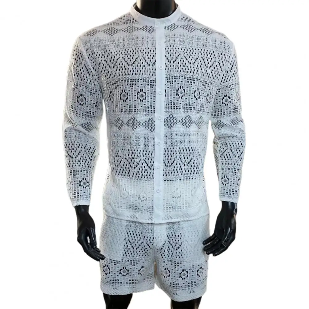 Trendy Men Outfit Long Sleeve Thin Cut-out Geometric Pattern Outfit  Two Pieces Set    Men Top Shorts 1 Set
