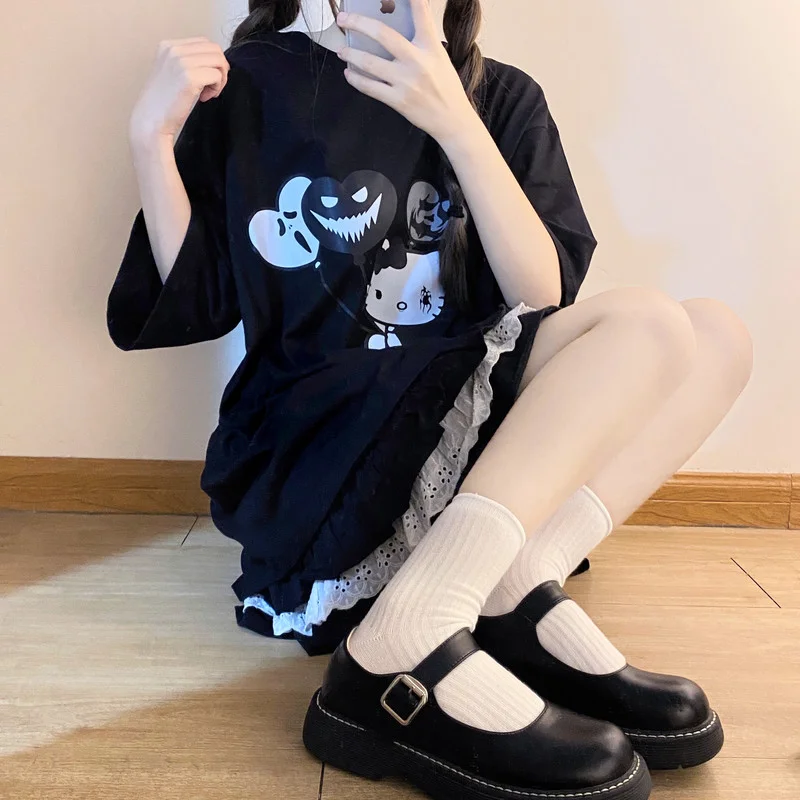 Kawaii Sanrio T-shirt Female Summer Cute Loose Cartoon Print Anime Hellokittys Black White Dark Style Cake Skirt Suit Gifts