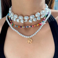 flatfoosie new baroque pearl world map pendant necklace for women trendy heart pearl choker flower beads chain necklace jewelry