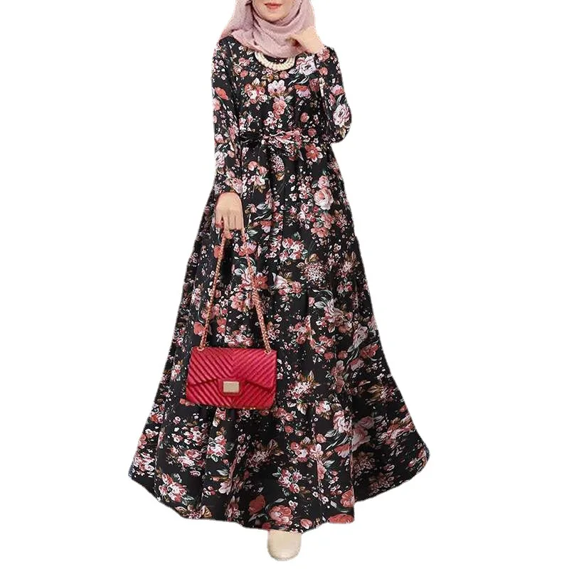 Elegant Floral Muslim Dress Women Printed Sundress Kaftan Turkey Abaya Hijab Vestidos Belted Female Robe Islam Clothing