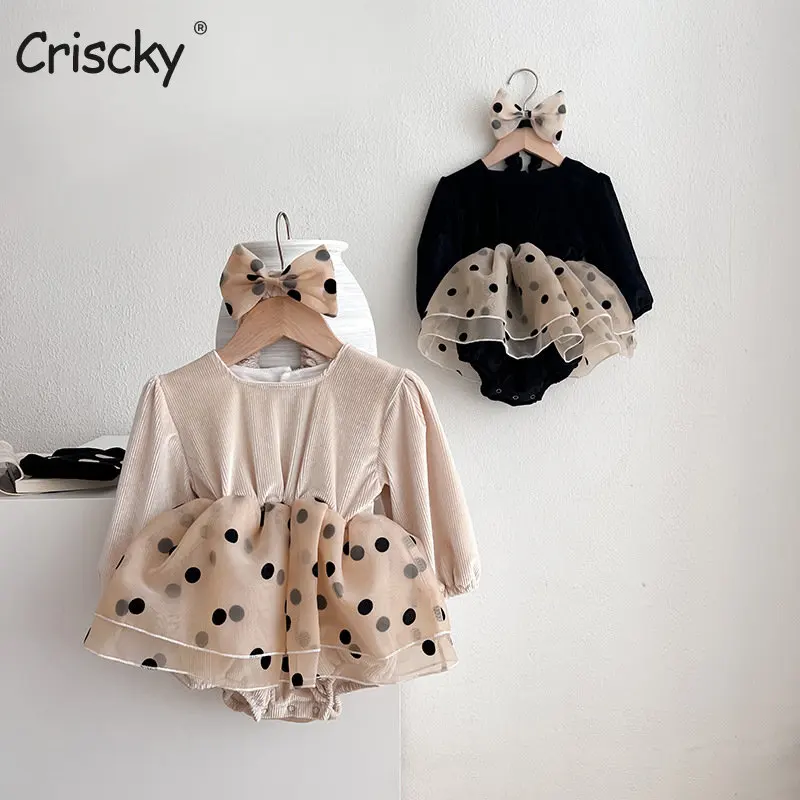

Criscky Autumn Winter Baby Girl Clothing Newborn Baby Girls Bodysuits Mesh Splicing Cotton Long Sleeve Infant Baby Jumpsuit