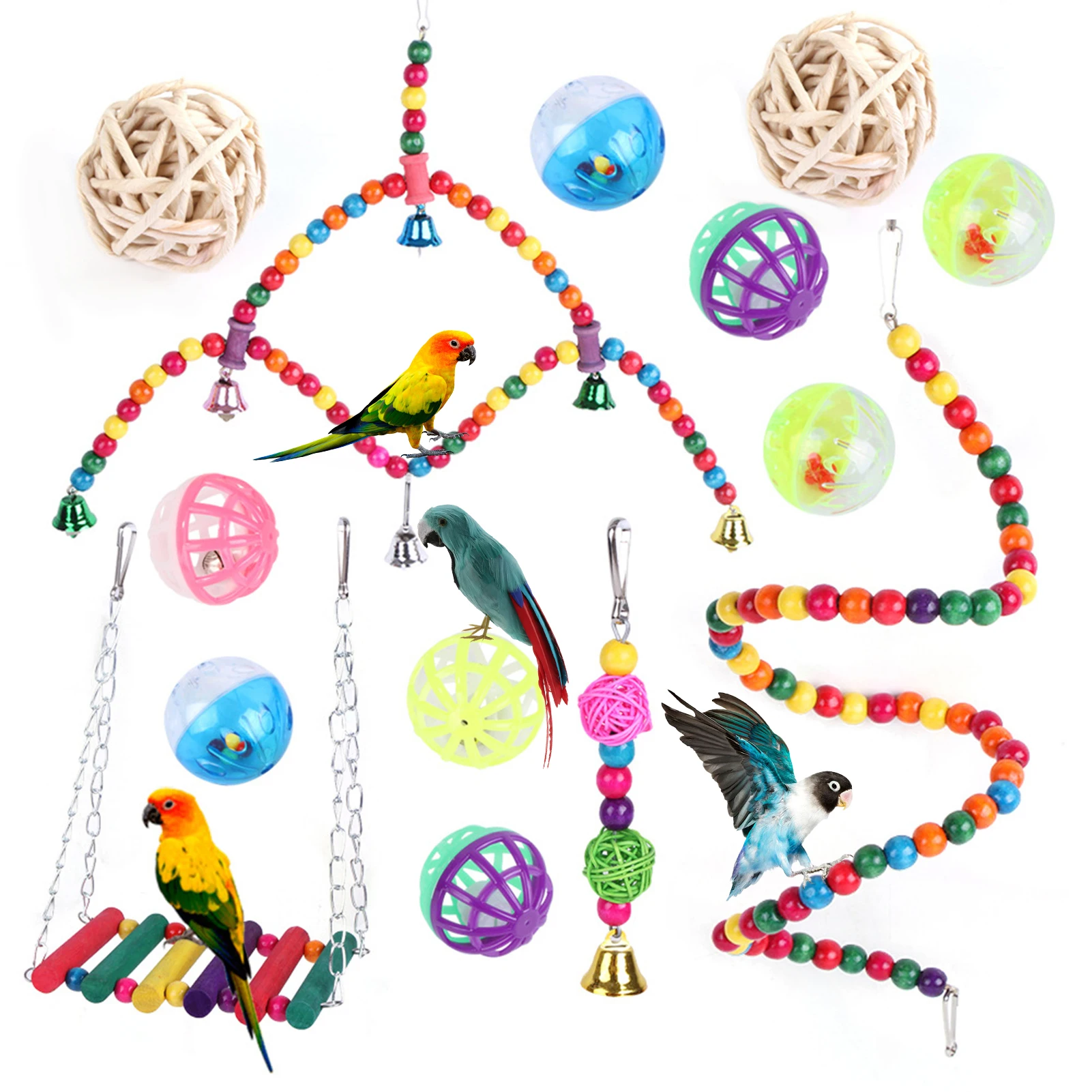 

Colorful Bird Toys 14pcs Wood Swing Bird Toy Handmade Ball Chewing Toy Parrot Cage Toy Bird Perch For Small Parrots Conures