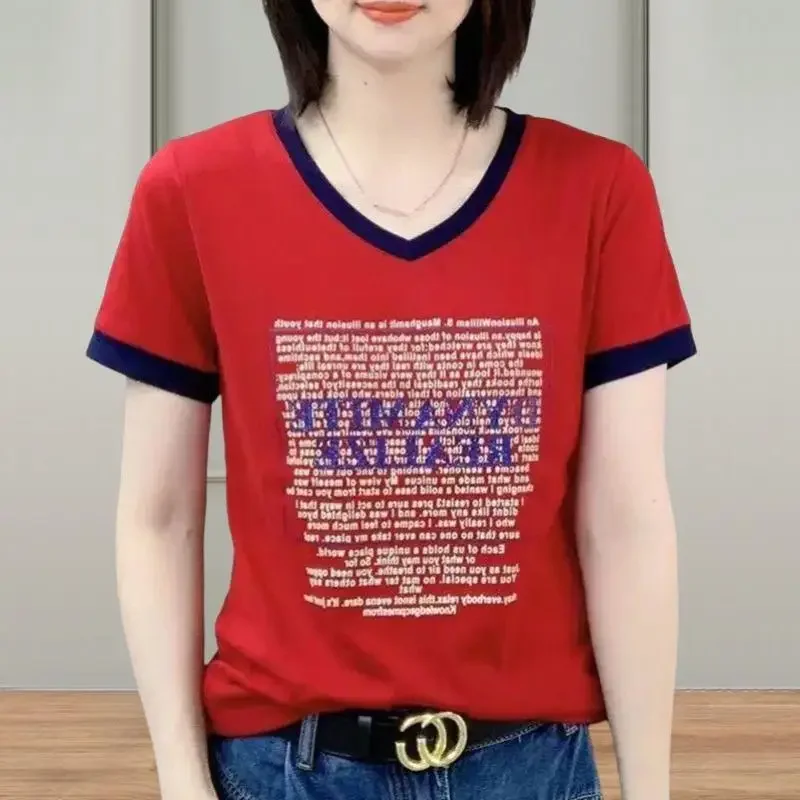 

Female Clothing Cotton 2023 Summer New Printed Short Sleeve Tee T-shirt Women's Loose Fashion Casual V-Neck Letter Printed Tops
