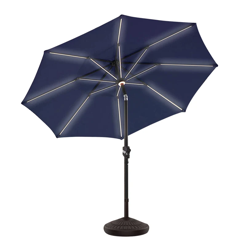 

Outdoor Hand Cranked Solar Patio Umbrella Waterproof Material Parasol Umbrella with Strip Light Central Pole Parasol