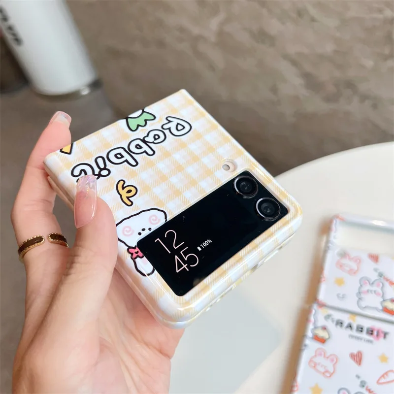 Cartoon Carrot Rabbit Phone Case for Samsung Galaxy Z Flip 4 3 Hard Cover for ZFlip3 Zflip4 Solid Shell Bracket
