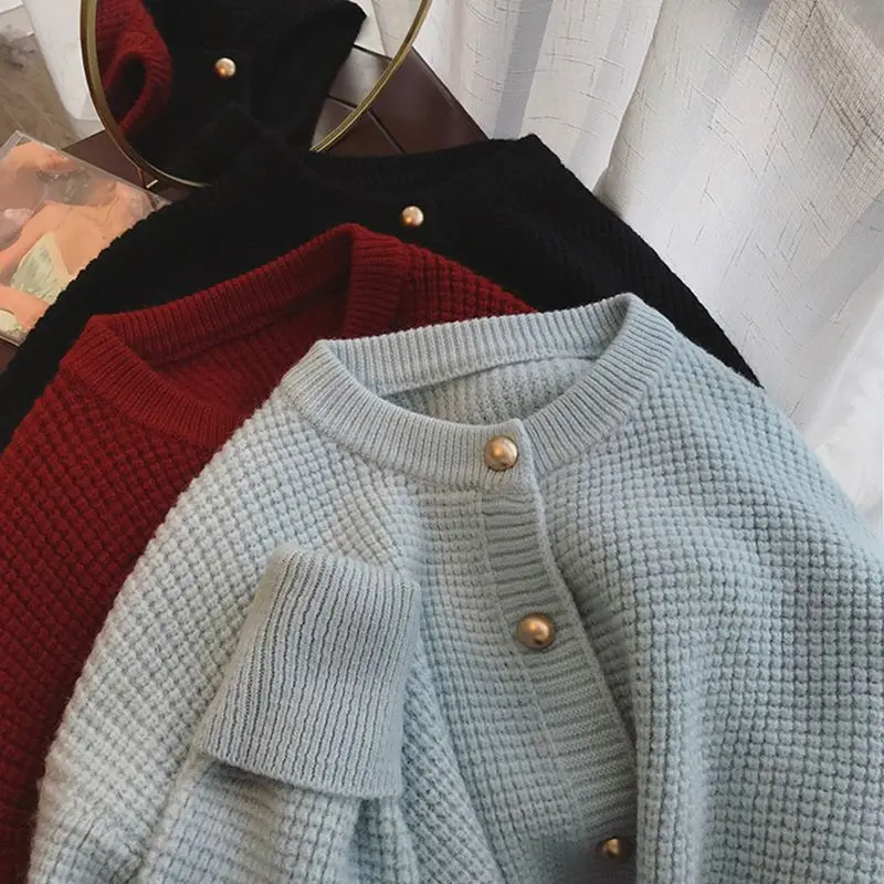 Кардиган женский вязаный свитер с круглым вырезом свободный простой однотонный