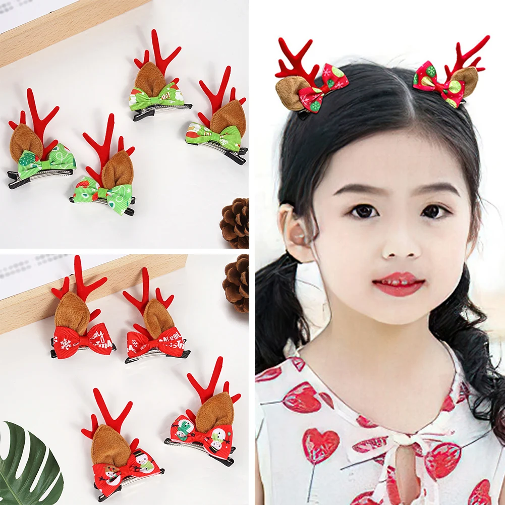 

2Pcs Christmas Deer Ear Plush Barrette Bow Tie Hairpins Hair Clip For Girls Cartoon Pin Tiaras Baby Hair Accessories For Women