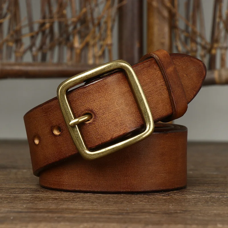 3.8CM Top Cow Genuine Leather Belts for Men Luxury Designer High Quality Copper Buckle Fashion Style Vintage Cowboy Male Belt