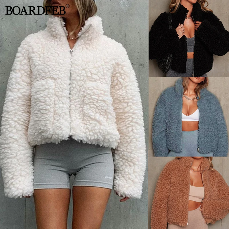 

Female Lamb Wool Coat Women Fashion Thicken Fur Jackets Stand Collar Autumn Winter Short Plush Overcoat Zipper Sweatshirt