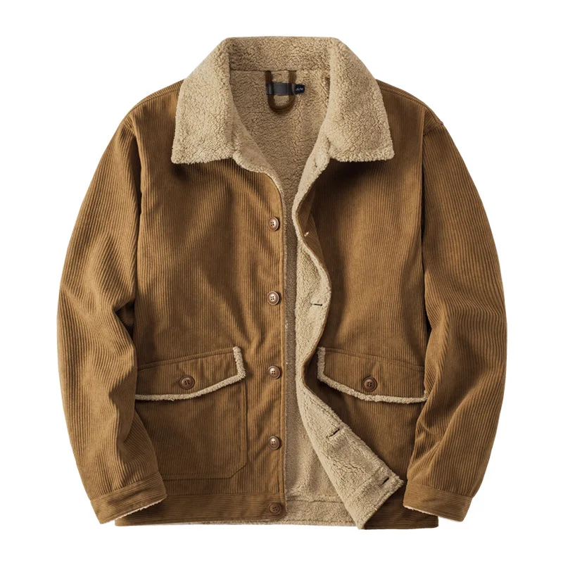 US Size Mens Fashion Corduroy Plus Velvet Thick Warm Jacket Plus Size Lapel Loose Imitation Lamb Velvet Winter Coat Men Parka