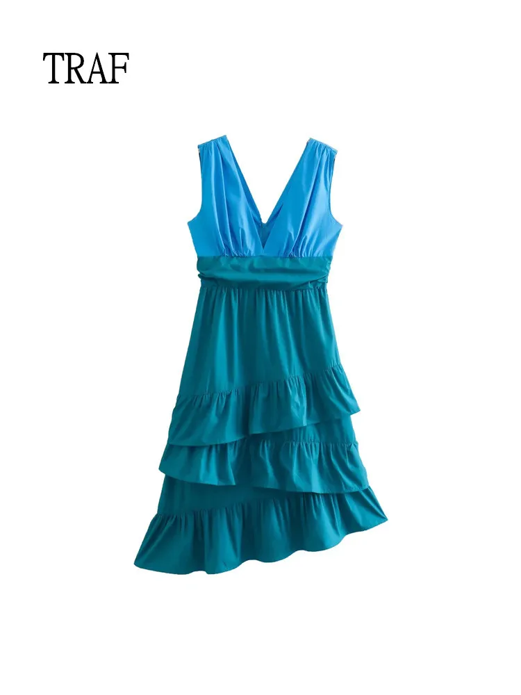 

TRAF Women Dress Summer Fashion Patchwork Midi Dresses Woman V Neck Sleeveless Dress Ladies Vintage Ruffle Long Casual Dresses