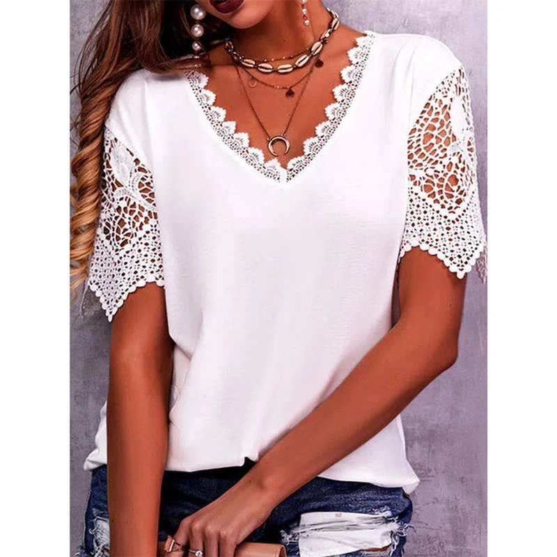 

Women T Shirt High Quality 2023 V-neck Short-sleeved Hollow Lace Stitching Solid Color Loose Casual Large Size Summer New Formal