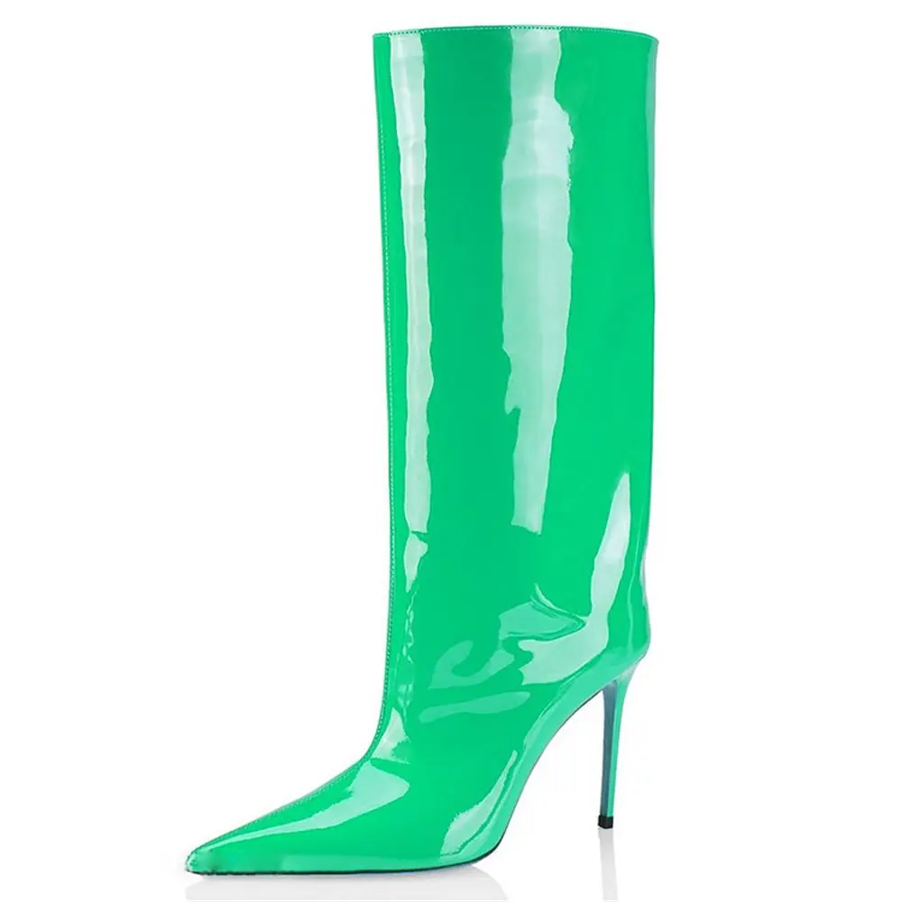 Sexy Ladies Pointed Toe High Heel Fashion Nightclub Short Naked Boots Patent Leather Mid Calf Boots Slip-On Shoes Plus Size 43
