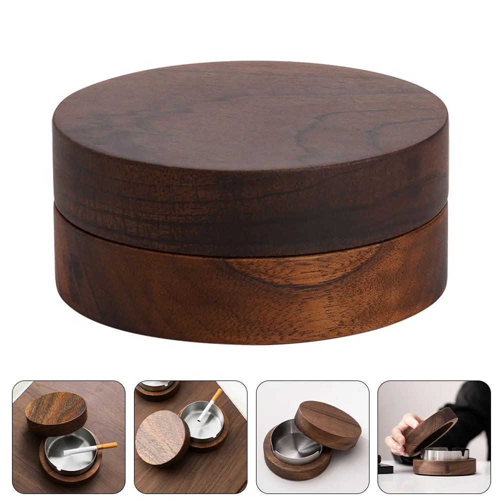 

Stainless Steel Liner Wooden Ashtray Ash Tray with Lid for Home Office