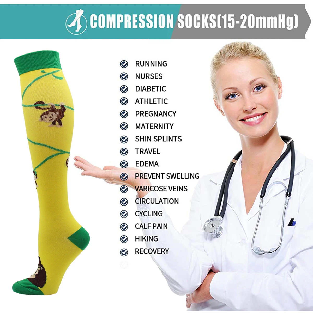 Men Women Compression Socks Best Graduated Athletic 15-20 mmHg Professional Nursing Socks Fit for Running Flight Travel Hiking
