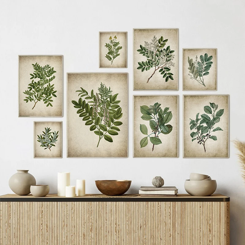 

Настенная картина с зелеными растениями, винтажные листья, холст, живопись, печать растений, художественное украшение, Настенная картина, домашний декор