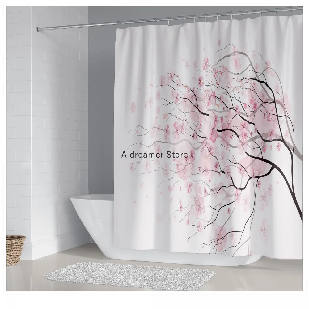 Простая розовая занавеска для душа с изображением дерева и цветов
