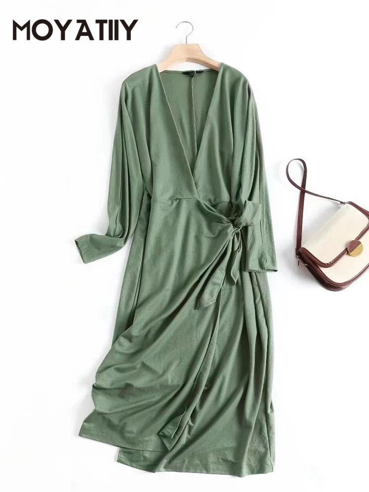 

MOYATIIY 2022 модное женское платье винтажное с длинным рукавом Женские Зеленые платья с запахом и вырезом лодочкой женские платья