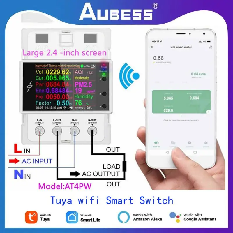 

Aubss Tuya Wifi Smart Switch Remote Control AC 220V 110V Digital Energy Kwh Frequency Factor Meter AT4PW 100A Din Rail Smart