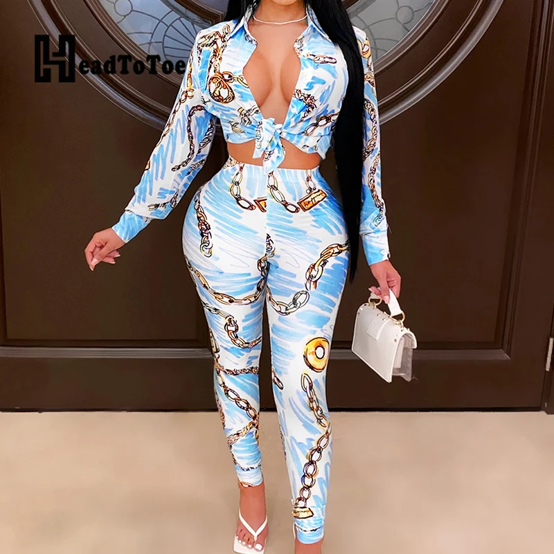 

Colorblock Print Lace Up Button Fashion 2 Piece Set Women Full Sleeve Turn Down Collar Skinny Two Piece Outfits Woman