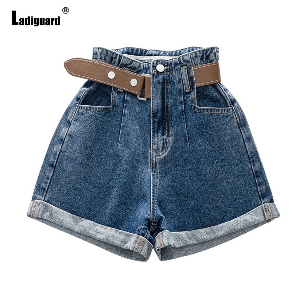 Ladiguard 2022 Fashion Crimping Denim Shorts Women Straight Leg Short Jeans With Belt Young Girls Vintage Stand Pockets Hotpants