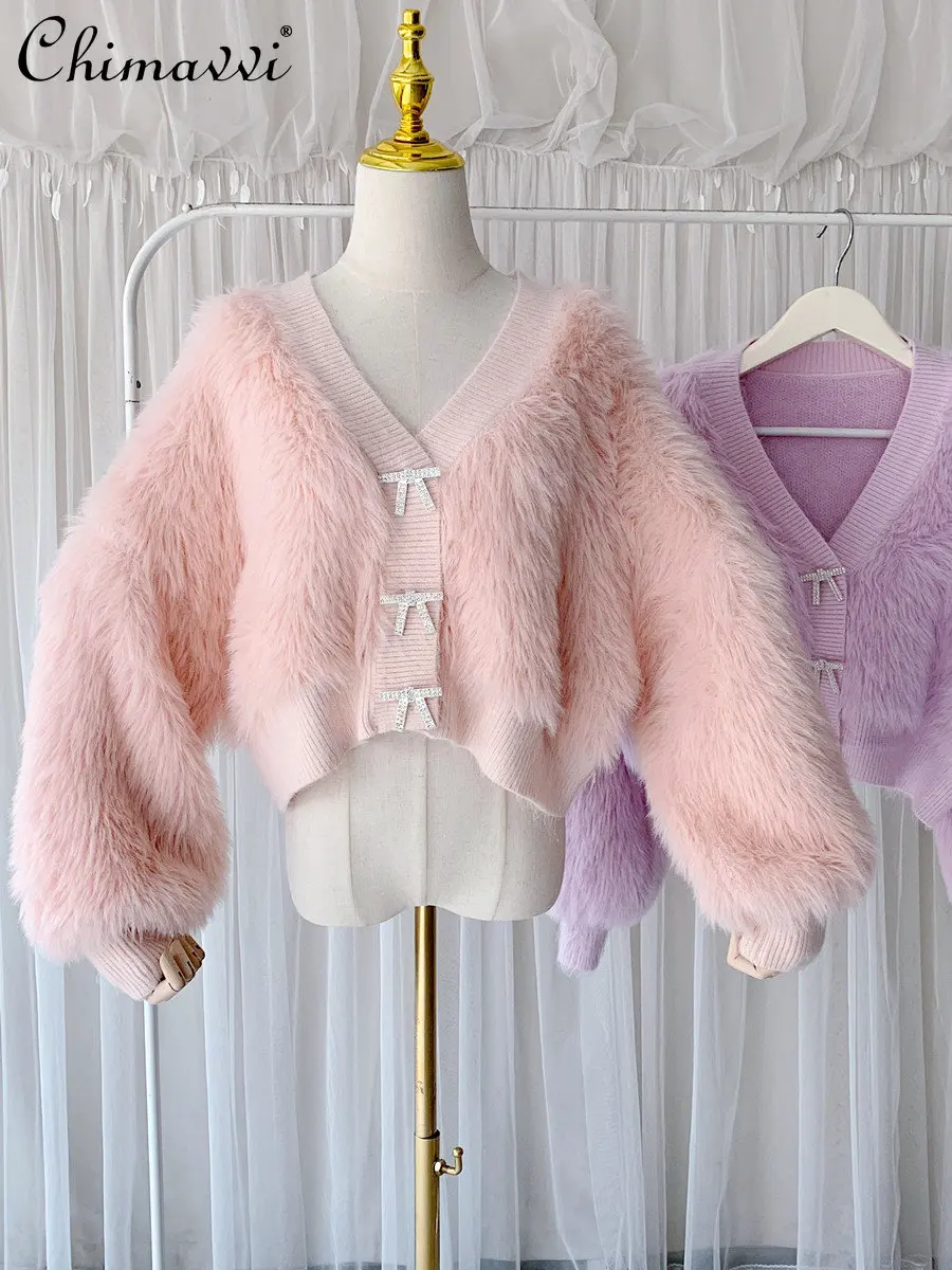 2022 Fall Winter Women's New Fashion Elegant Mink-like Knitted Cardigan Coat Ladies Sweet Bow Drill Buckle Short Fairy Sweater