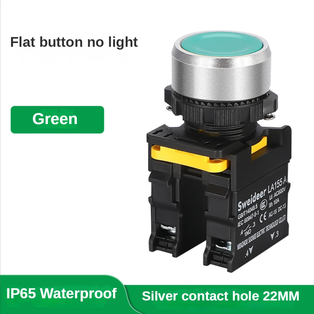 Водонепроницаемый кнопочный переключатель с мгновенным самосбросом, самоблокирующийся, с плоской круглой головкой, 22 мм, кнопочный переключатель питания 10A 1NO1NC, красный, зеленый