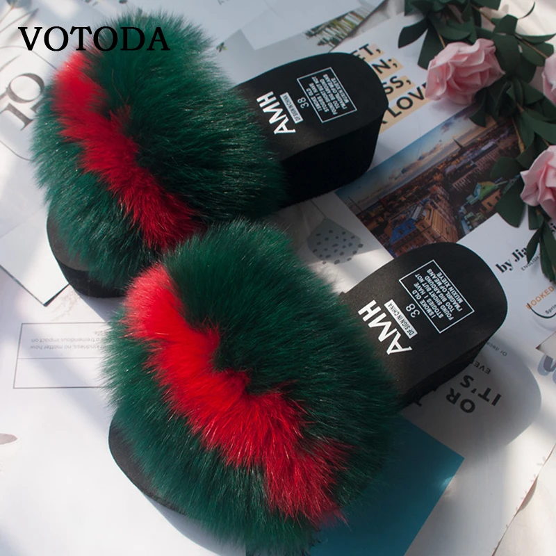 Summer Wedge Slippers Women Flip Flops Furry Real Fox Fur Slides Platform Shoes Female Home Slippers Fashion Casual Ladies Shoes