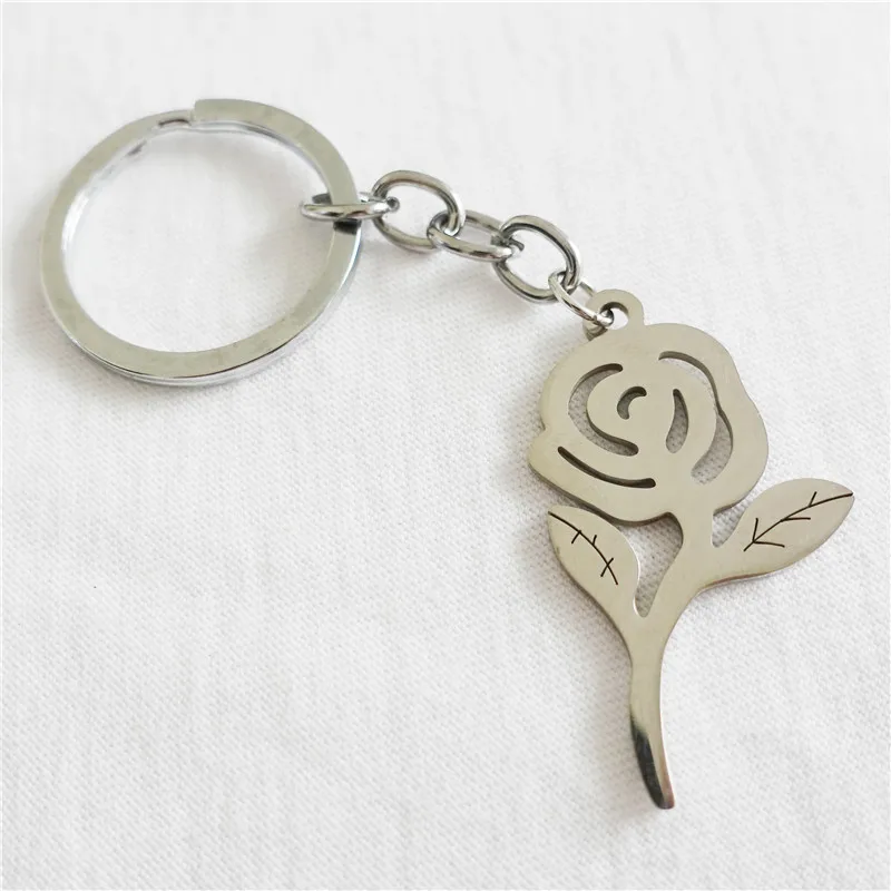 

12 Pieces Bloom Rose Flower with Leaf Keyring Stainless Steel Plant Keychains Jewelry For Women Girls Wholesale