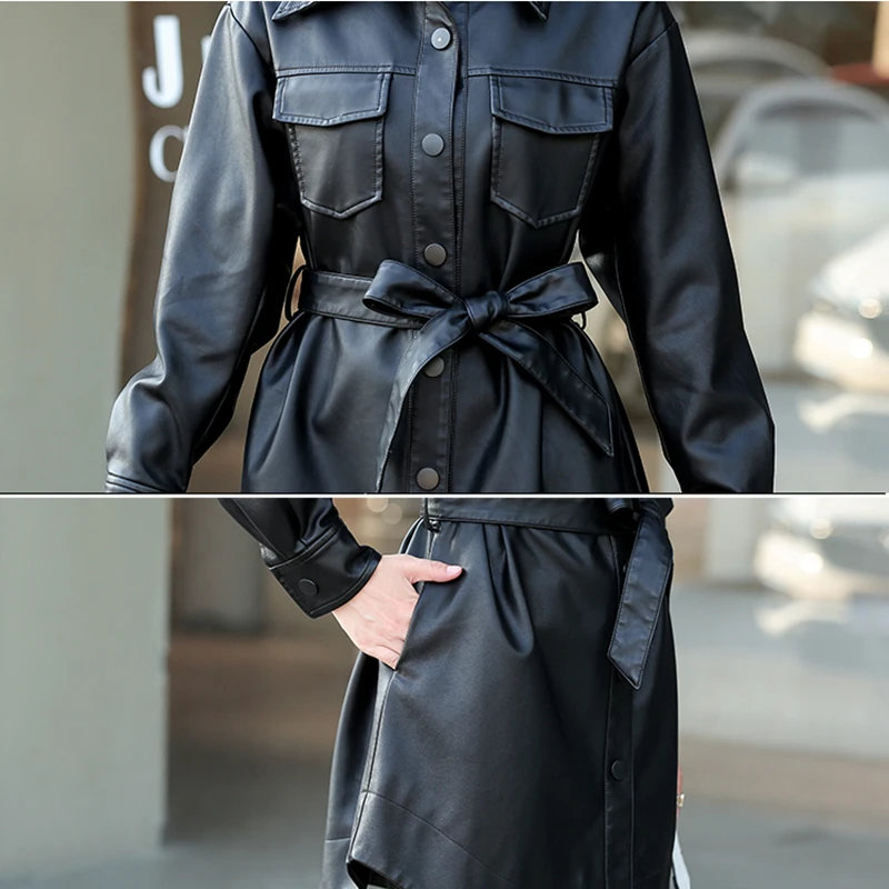 Women's Mid-Length Walker Leather Coat Snap Closure Faux Leather Jacket Casual Lapel Long Suit Trench Coat Outerwear with Belt