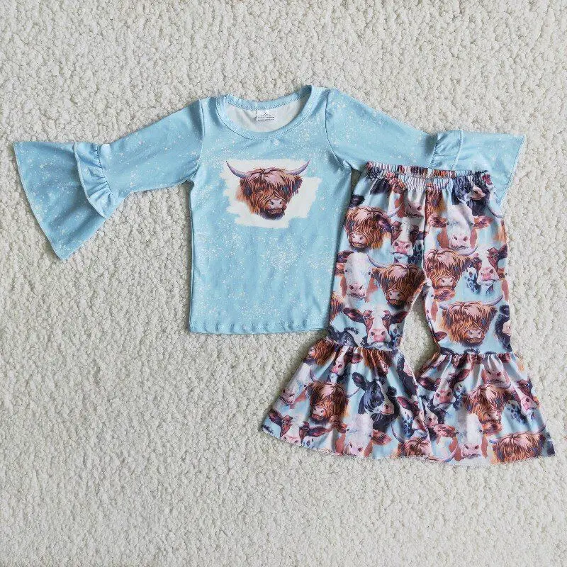 

blue cow long sleeve top and long pants girls clothes teenage boutique outfit kids casual clothing