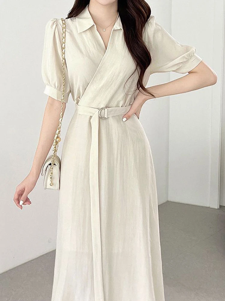 

One Piece Korean Chic Pink Women'S Dresses Summer New Lapel Short Sleeve Shirt Dress Lace-Up Midi Dress Solid Color Casual Dress