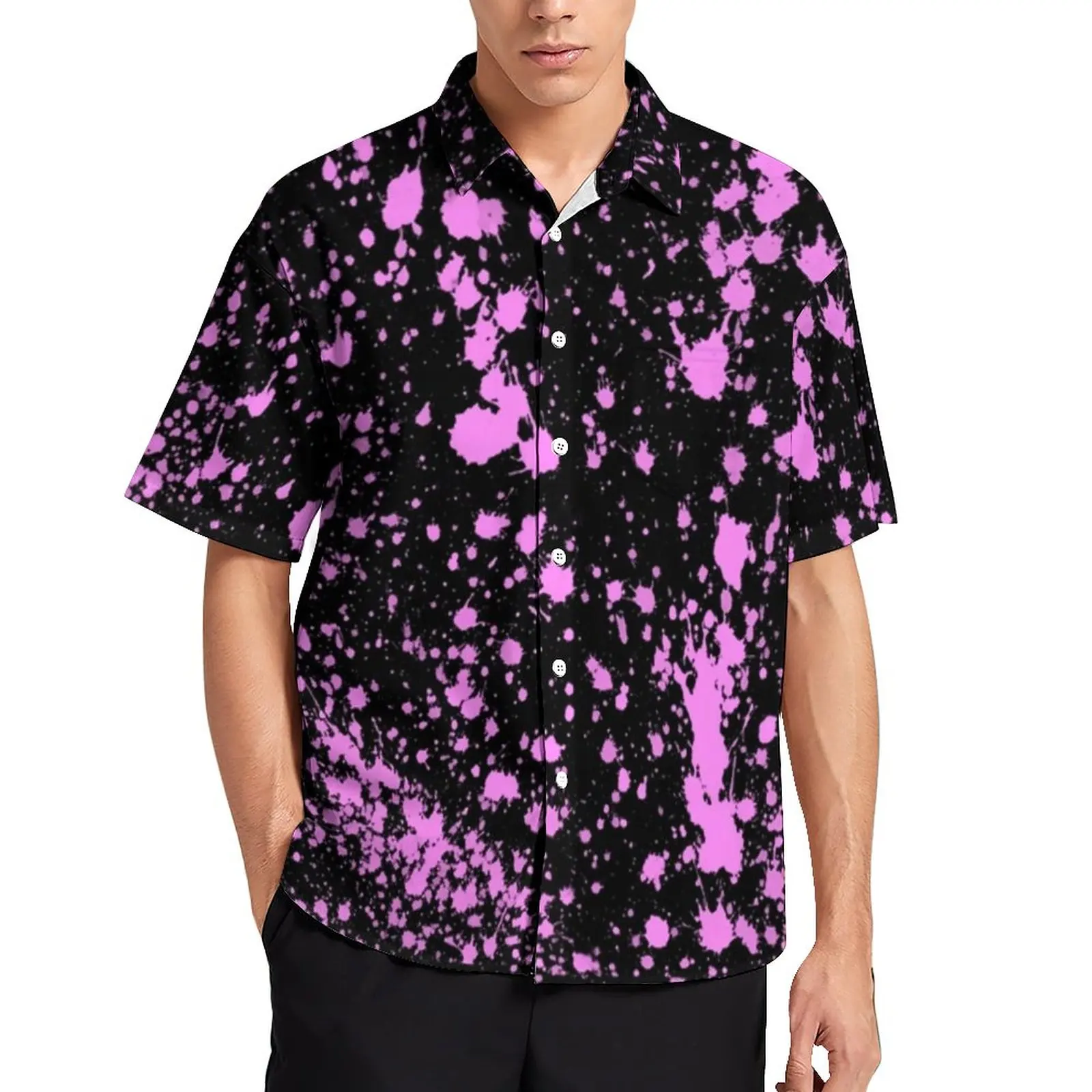

Pink Paint Splatter Casual Shirt Neno Print Vacation Loose Shirt Hawaiian Street Style Blouses Short-Sleeve Oversized Clothing