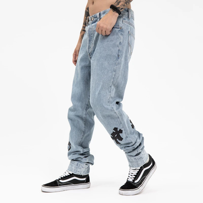 YIHANKE New Genuine Leather Cross Jeans For Men 2021 High Street Blue Jeans Homme Loose Straight Hearts Pants Moto Trouse