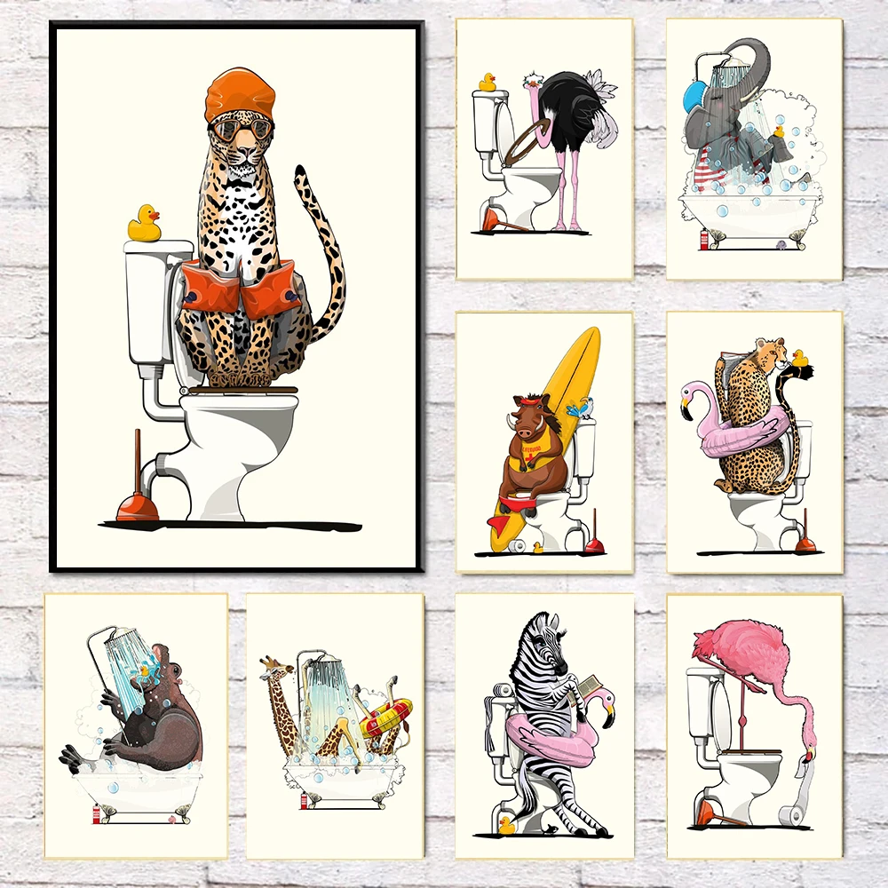 

Забавное украшение для ванной комнаты и туалета, холст с животными, постер для ванны, жираф, слон, Зебра, фламинго, Настенная картина в стиле ...
