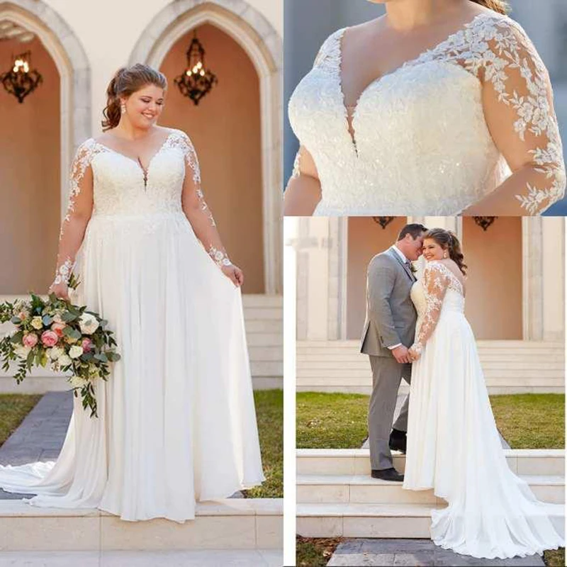 

2022 Gorgeous Plus Size Wedding Dresses Bridal Ball Gown Long Sleeves Chiffon V Neck Lace Applique Sweep Train Custom Made Party
