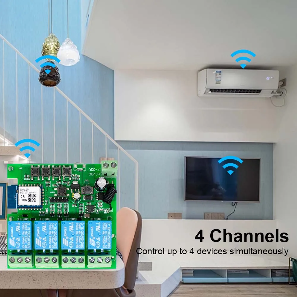 Фото Tuya Smart Remote Control Wi-Fi Switch Module 4CH DC 12V 24V 32V 110V 220V Inching Самоблокирующийся RF433 Прием 4-полосное реле Alexa №4