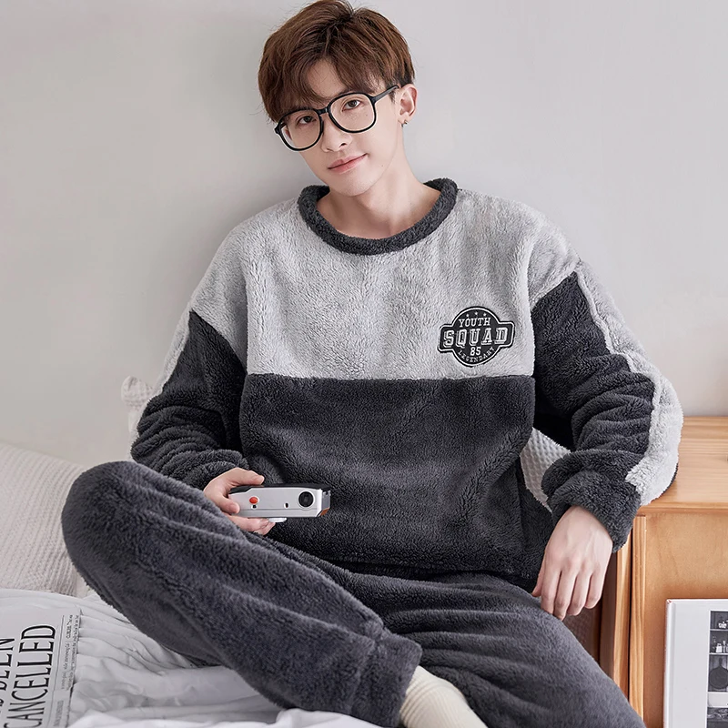 

FUNISHI Men Sleepwear Winter Pajamas Plus Size 4XL Coral Fleece Pajama Set Flannel Loose Version Inspissate Pullover Nightgown