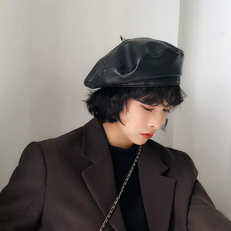 Pu Leather Beret French Artist Spring Beanie Hat Cap Vintage Plain Beret Hats Solid Color Elegant Lady Leather Caps