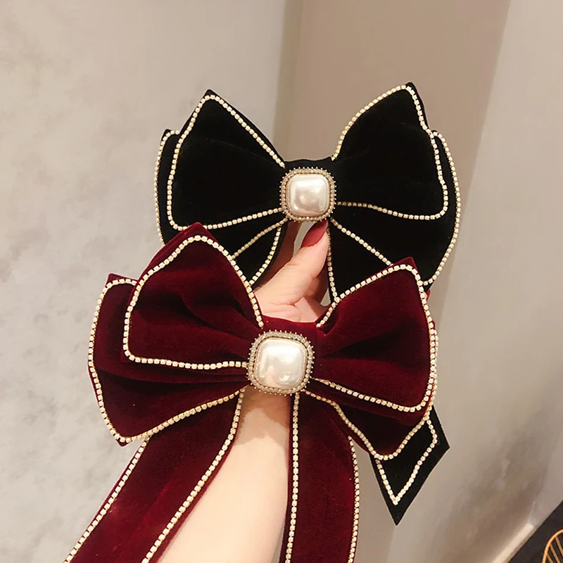 

Korean Velvet Bow Hair Pins Fabric Rhinestone Pearl Hair Clips for Women Luxulry Jewelry Spring Clip Gils Hair Accessories