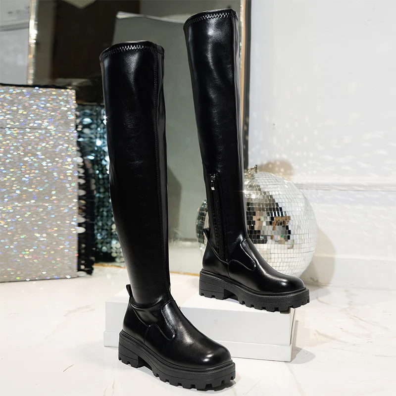 

Over The Knee Women Flats Platform Chelsea High Boots Fad Luxury Femme Shoes Winter 2024 New Designer Casual Motorcycle Boots