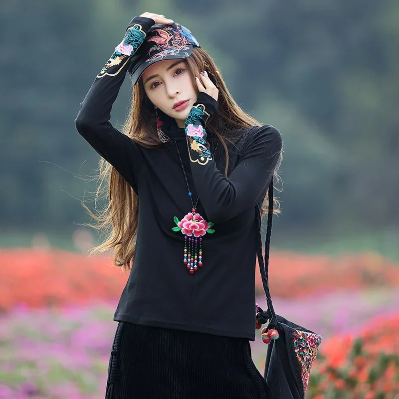 

Black Embroidery Turtleneck National Style Slim T-shirt Women Vintage Harajuku Elegant Tops Chinese Long Sleeve Pullover Wild