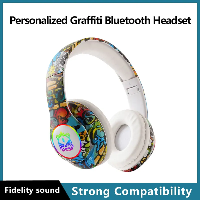 

Graffiti Headphones Bluetooth 5.1 Stereo Over Ear WirelessWith Mic RGB LED Light For Kids PC Gamer Headset Support TF Card